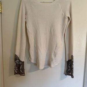 Free People Cream Long Sleeve Top with Brown Lace